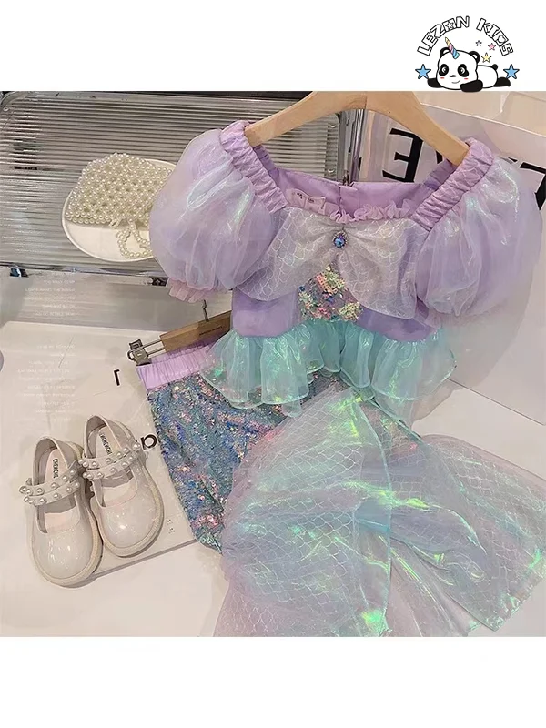 LEZONKIDS - 2024 Spring Summer New Sequined Mermaid Cute Little Girls Clothing Sets Luxury for 2-14 Years